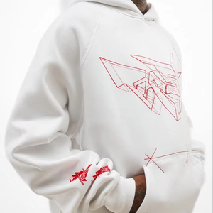 Sudadera con capucha personalizada para hombre, ropa de calle gráfica blanca, sudadera con bolsillo de canguro y diseño de bordado rojo - Product Image 1