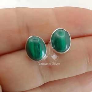 Handmade Oval Malachite Earrings, <b>Sterling</b> <b>Silver</b> <b>Studs</b>, Birthstone Jewelry - Product Image 2