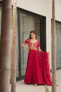 Beautiful Designer Women Gown with Heavy Dupatta Long Indian Function Pakistani Silk Kurti for Adults - Product Image 4