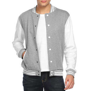 Mens Grey and White Varsity Jacket Contrast Sleeves Solid Collar Cuffs Hem Zipper Front Casual Outerwear Waterproof Knitted - Product Image 1