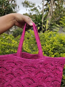 Fuchsia Pink Straw Bohemian Tote <b>Bag</b> With Hollow Out Pattern For <b>Beach</b> <b>Women</b> Casual Handbag Lightweight Open Top Two Handles - Product Image 3