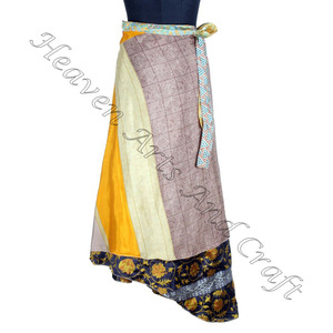 Jupe portefeuille longue en soie indienne Vintage 2 couches réversible magique en soie Saris jupe longue enveloppante en soie Sarong plage paréo longue enveloppante - Product Image 4