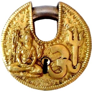 Brass Padlock Om Shiva Round Antique Design Unique Collectible - Product Image 3