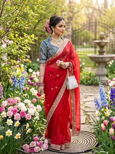 ผ้าไหมสเปซซิลค์พร้อมลายปักดิ้นและลูกปัดสวยงามทั่วทั้งผ้าและขอบผ้า พร้อมเสื้อปักสำเร็จรูป - Product Image 5