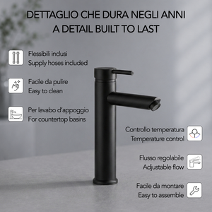 Miscelatore per lavabo Koricini Fiemme nero opaco con beccuccio alto e scarico Click-Clack - Product Image 2