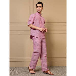 Amanush <b>Men's</b> Pink Textured Plaited Cotton Co-ord Set Full Sleeve Mandrin Collar <b>Kurta</b> With <b>Pajama</b> Casual Summer Wear Outfit - Product Image 5