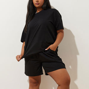 Ensemble 2 pièces streetwear pour femme, style tendance, 100% coton épais, grande taille, t-shirt et short coupe droite avec fente latérale, personnalisable - Product Image 2
