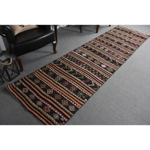 3x10.9 ft Rug, Vintage Turkish Rug, Black <b>Brown</b> Patchwork <b>Wool</b> Rug - Product Image 5