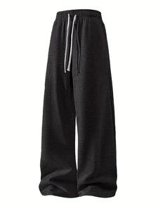 Black Woolen Men's Straight Leg Sweatpants Elastic Waist Casual Baggy Joggers <b>Winter</b> <b>Trousers</b> - Product Image 2