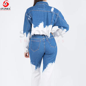 กางเกงยีนส์ผ้าฝ้ายเดนิมระบายอากาศได้ดีชุดสตรีทสองชิ้นสำหรับผู้หญิงชุดเสื้อและกางเกงยีนส์ - Product Image 5