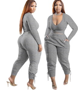 Vêtements pour femmes décontracté à manches longues haut court taille haute pantalon à cordon ensemble de pantalons deux pièces - Product Image 6