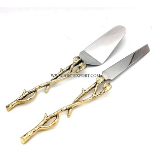 Poignée de conception de feuille d'aluminium or poli Décoration de table en laiton pur Serveur de gâteau et couteau pour accessoires de cuisine - Product Image 2