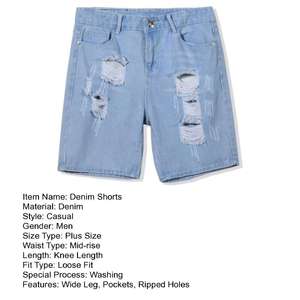 Short d'été en jean Streetwear pour homme avec boutons, fermeture éclair, trous déchirés et pompon 100% coton, poches larges sur les jambes - Product Image 5