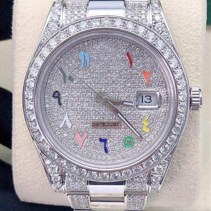 Montre de luxe multicolores avec chiffres, entièrement sertie de diamants de qualité supérieure, bracelet en acier inoxydable, arc-en-ciel, de marque, de haute qualité, unisexe - Product Image 4