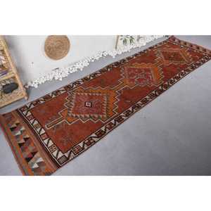 3.1x11.2 ft Vintage Herki Rug, Turkish Rug, <b>Red</b> Check <b>Wool</b> Rug - Product Image 2