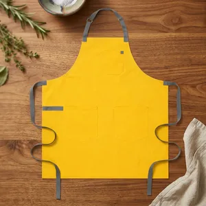 Yellow Bib <b>Apron</b> with Adjustable <b>Waist</b> and Pockets for Cooking Daily Use Simple Style Woven Canvas Reusable Durable - Product Image 1