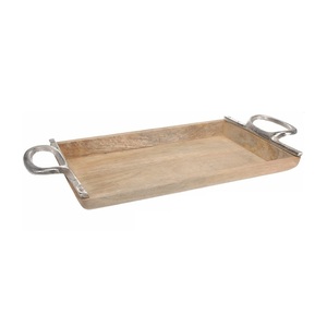 Table basse à thé de forme rectangulaire plateau ottoman avec poignée unique en argent au plateau de service de collations alimentaires de qualité supérieure plateau en bois - Product Image 1