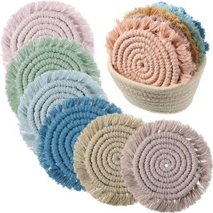Posavasos ecológicos absorbentes Tejidos de yute clásico con soporte de macramé con borlas para bebidas regalo de inauguración de la casa - Product Image 2