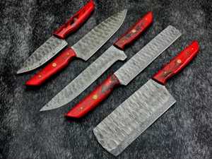 Juego de cuchillos de chef con mango de madera roja Damazcus de 5 piezas - Product Image 6