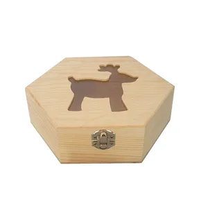 Cut Laser sagoma di renna scatola di decorazione cava coperchio in legno scatola esagonale scatole regalo in legno per ricordo di natale