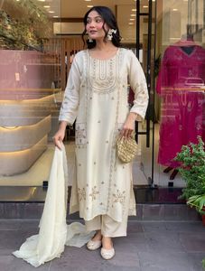 Nouveaux vêtements ethniques à la mode femmes broderie pantalon Kurta droit avec Dupatta pour mariage et Festival Occasion - Product Image 5