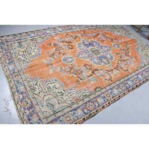 Tapis vintage turc en laine patchwork 6,3x10,1 pieds, avec support en latex écologique, orange et bleu, grand tapis persan - Product Image 2