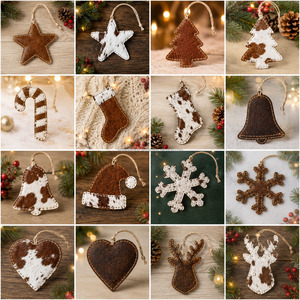 Ensemble d'ornements de Noël faits main en cuir véritable avec étoile en cuir de vachette, rennes et décorations de chaussettes pour arbre de Noël, idéal pour la ferme - Product Image 4
