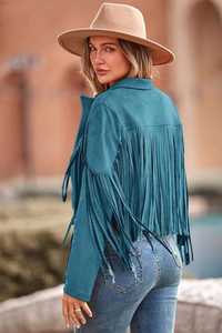fashionable cowgirl varsity <b>jacket</b> <b>suede</b> leather <b>fringed</b> western decor breathable denim woven stripe stylish outerwear - Product Image 3