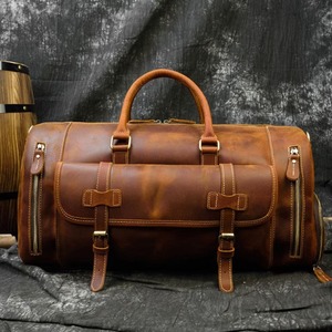 Bolsa de lona de cuero genuino grande de Estilo Vintage para hombres patrón de caramelo Weekender bolsa de viaje para actividades al aire libre padrinos de boda - Product Image 5