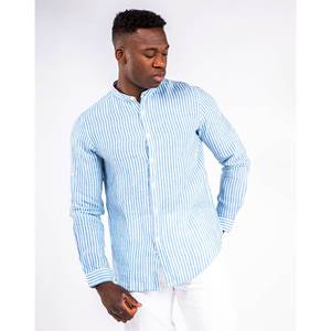 Camicia da uomo in lino a righe blu ad alte prestazioni, in fibra naturale, riciclabile, biodegradabile, con colletto a bottoni, casual, traspirante, intera - Product Image 5