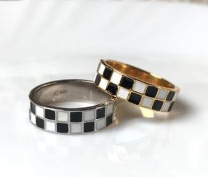 Moda 925 Anillos de esmalte de plata esterlina Tablero de ajedrez Diseño en blanco y negro Joyería unisex - Product Image 2