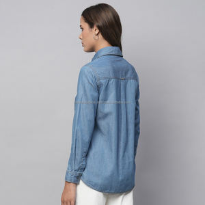 Nardon Apparel 100% camisas de mezclilla de algodón 2025 blusas de diseñador de verano para mujer camisa de mezclilla azul claro sólido informal - Product Image 2