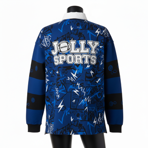 Maillot de rugby pour femme en coton et polyester, bleu royal avec rayures noires sur les manches, logo personnalisé par sublimation, maillot de rugby pour femme en coton - Product Image 2