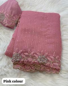 JUTE <b>organza</b> Saree Multi embroidery Work With Stone & Raw <b>Silk</b> embroidery Work Blouse - Product Image 2