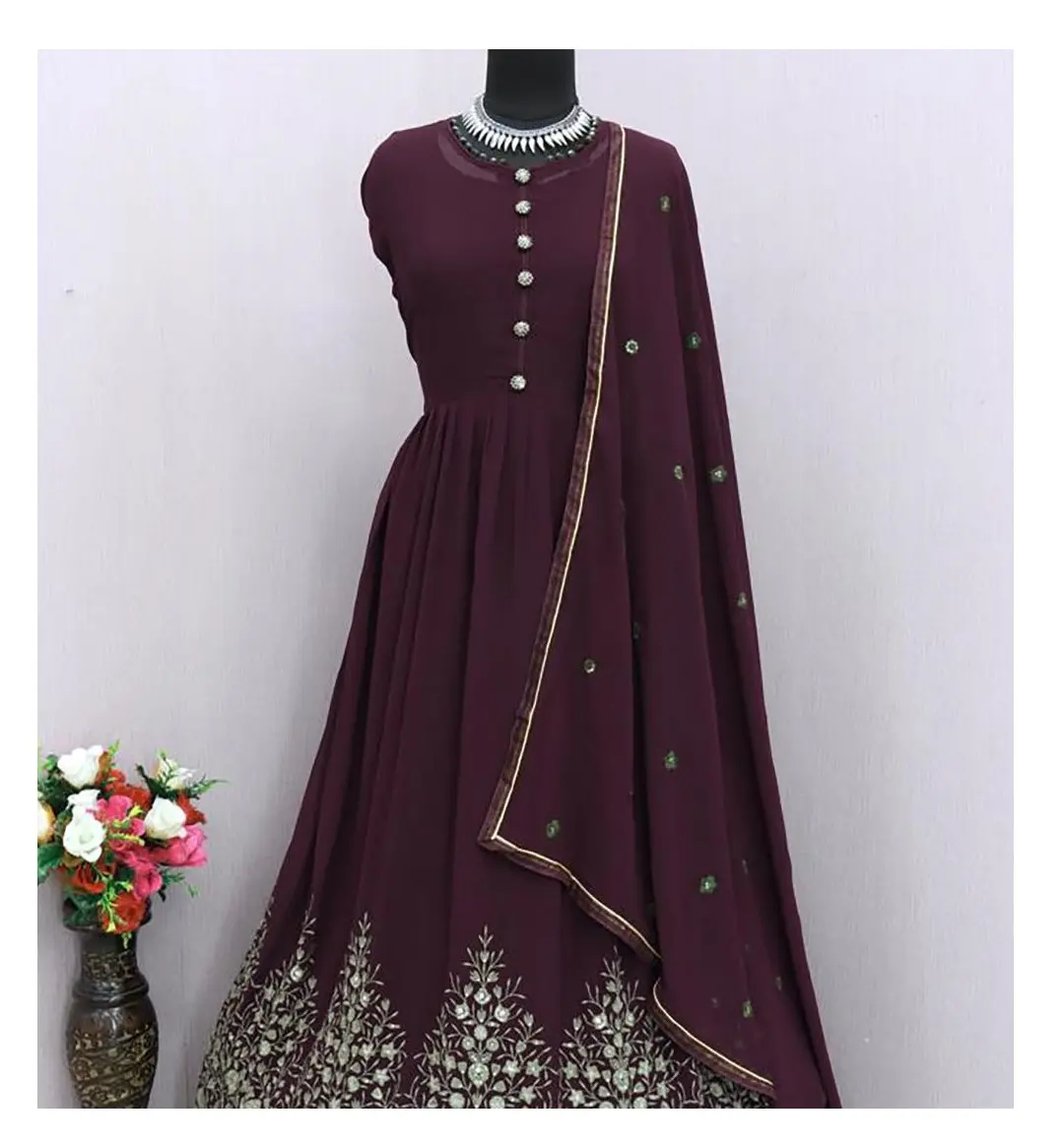 Indian Trendy Fashion for Women Long Faux Georgette With Embroidery Anarkali Kurti Gown With Dupatta Wedding Partywear Suit