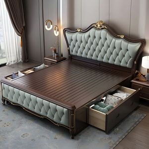 Estructura de cama Queen moderna de lujo de madera maciza con artesanía refinada, acento dorado refinado y un acabado natural de alto brillo - Product Image 5