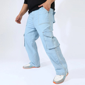 Jean cargo homme délavé, grande taille, coupe ample, taille mi-haute, en denim de coton, style décontracté, poches plaquées, tissu tissé, fermeture boutonnée - Product Image 3