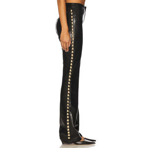 Top High Waist Black PU Leather Wide Leg Pants With Gold Rivet Trim Moto Style Full Length Loose Fit Autumn Wear - Product Image 2