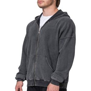 Personalizado de algodón de los hombres de gran tamaño de la gota del hombro zip up sudaderas con capucha streetwear vintage lavado ácido peso pesado en blanco zip HOODIE para los hombres - Product Image 3