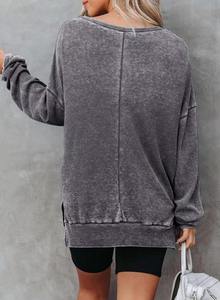 Confortable femmes surdimensionné gaufré tricot col rond sweats à manches longues fentes latérales pull décontracté sweat hauts - Product Image 6