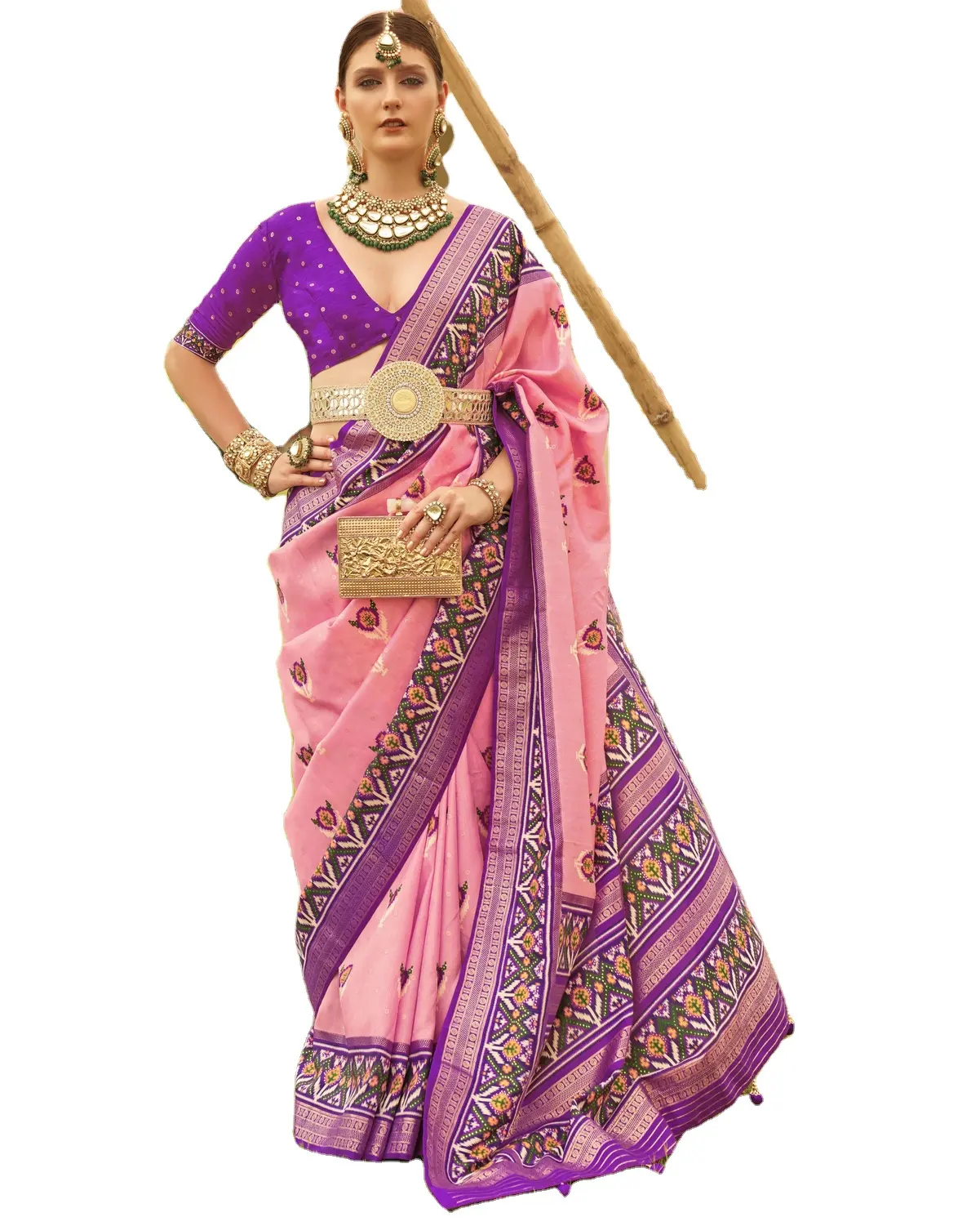 Saree en soie de créateur indien pour femmes avec ceinture imprimée en or (Kandora) avec chemisier non cousu pour une occasion de fête