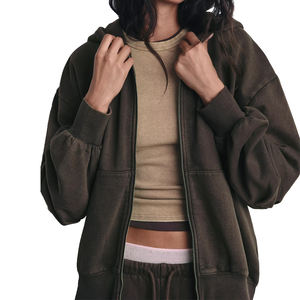 Venta al por mayor de alta calidad sudaderas con capucha de las mujeres 80% Algodón 20% poliéster Color liso bordado Zip Up Oversize Drop Shoulder Hoodie - Product Image 1