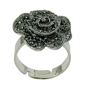 Anillo de cóctel con flor plateada y piedras de ónix negro para mujer, anillo ajustable vintage, joyería de uso diario - Product Image 3
