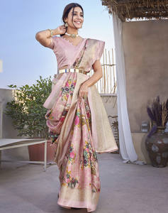 ส่าหรีผู้หญิงพิมพ์ลายผ้าอาร์ตซิลค์พร้อมชุดเบลาส์แบบแยกชิ้นหรูหราน้ำหนักเบาสำหรับสวมใส่สบายๆทุกวันหรือตามเทศกาล - Product Image 3