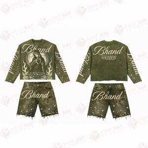 Ensemble T-shirt et short en jean pour homme, coupe ample, délavé à l'acide, col rond, ourlet brut, strass, tenue en jean - Product Image 4