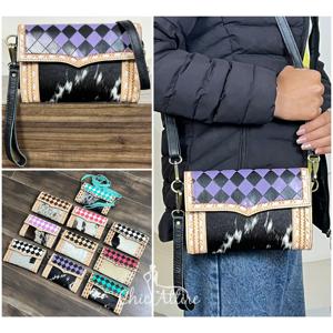 2026 New High Quality Custom Hair-On Cowhide Crossbody Clutch Purse with Checkered Pattern Hand Tooled Leather Wristlet Mini Bag - Product Image 1