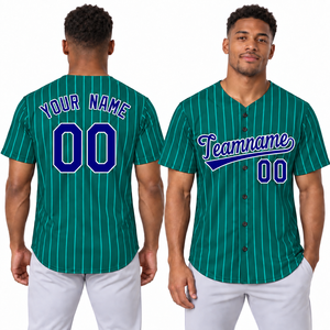Maillot de baseball personnalisé pour homme, bleu rayé, col en V, manches courtes, polyester anti-humidité, impression du nom et du numéro de l'équipe - Product Image 5