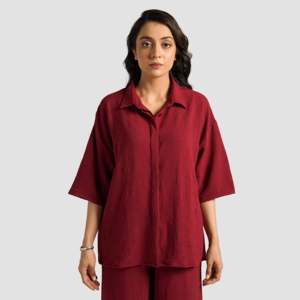 Chemise en lin boutonnée de couleur bordeaux, style simple, pour les séances d'entraînement - Easy Top - Product Image 1