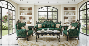 Set di lusso divano damascato rosso con struttura <span class=keywords><strong>in</strong></span> legno intagliato, mobili da soggiorno <span class=keywords><strong>in</strong></span> stile classico europeo, elegante divano e poltrona - Product Image 5