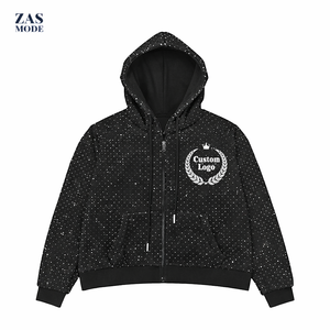 Fabricantes de Sudaderas al por Mayor, Sudadera con Capucha y Cremallera con Lavado Ácido, Estilo Desgastado, Talla Grande, con Pedrería, Logotipo Personalizado Impreso en DTG - Product Image 1